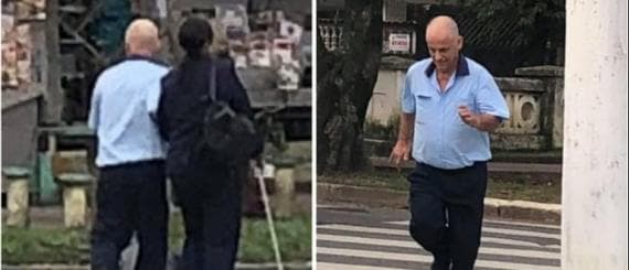Motorista para ônibus e ajuda senhora cega a atravessar a rua em Santos
