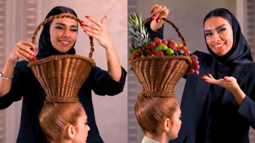 Cabeleireira iraniana impressiona com penteado em formato de cesta de frutas