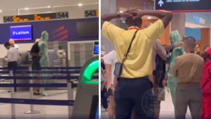 Homem tenta se despachar enrolado em plástico filme no aeroporto