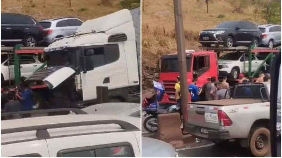 Vídeo: caminhoneiro com sinais de embriaguez se envolve em acidente com outro caminhão na BR-381