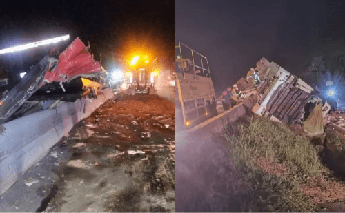 Caminhão tomba e provoca interdição total na BR-381 em Brumadinho, na Grande BH