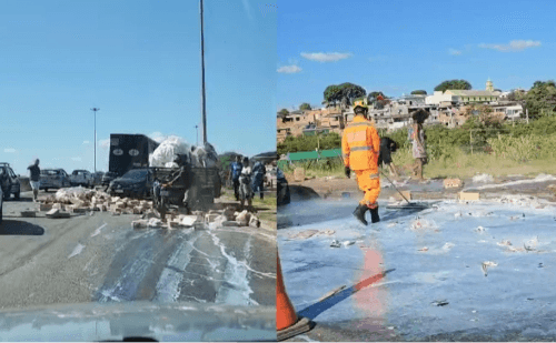 Caminhão tomba e motorista autoriza população a recolher carga de leite em BH