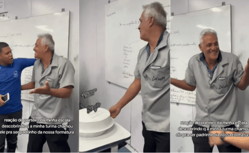 Estudantes homenageiam porteiro e o convidam para ser padrinho de formatura no RJ