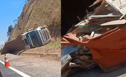 Vídeo: carreta tomba na BR-381 próximo a Ipatinga